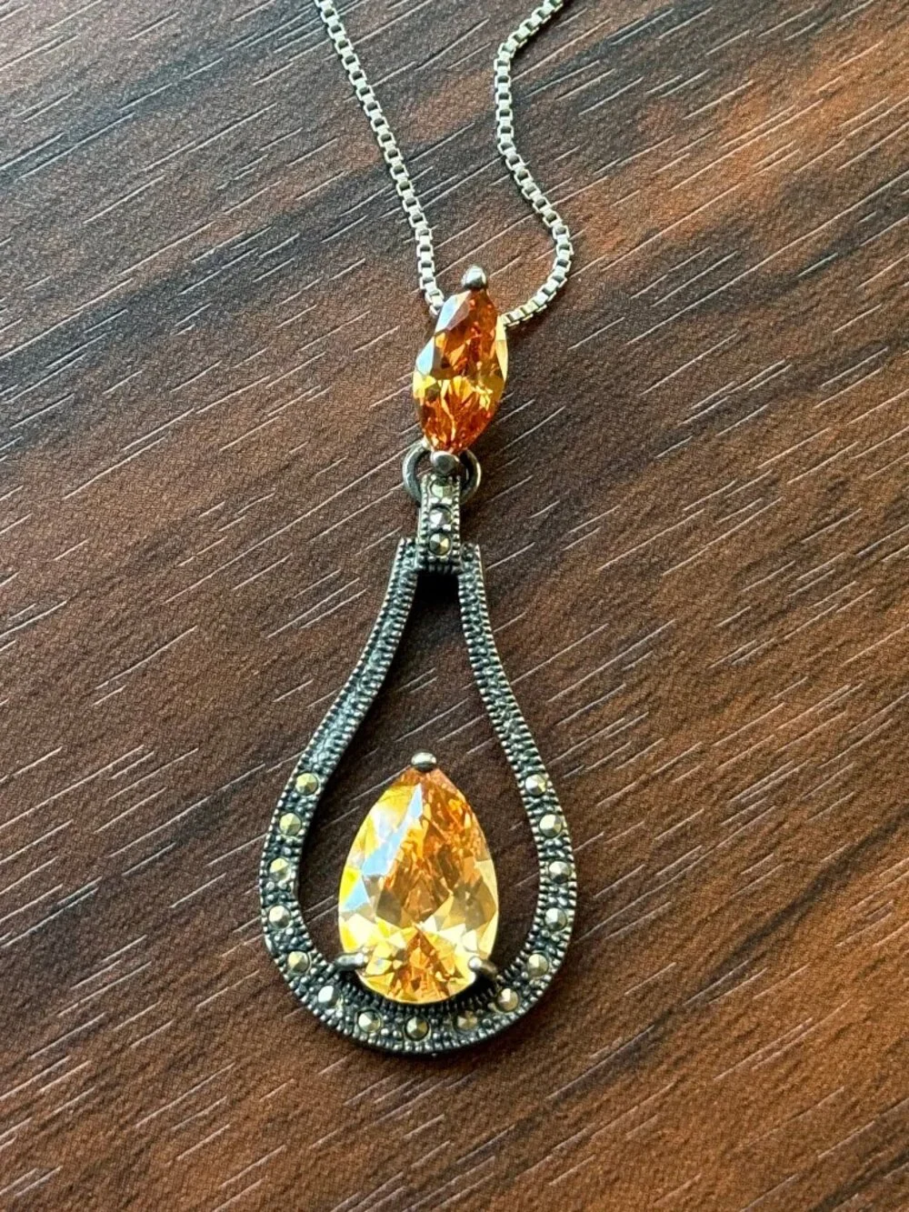 Stunning Art Deco Revival Imperial Topaz Necklace Sterling Silver Marcasite